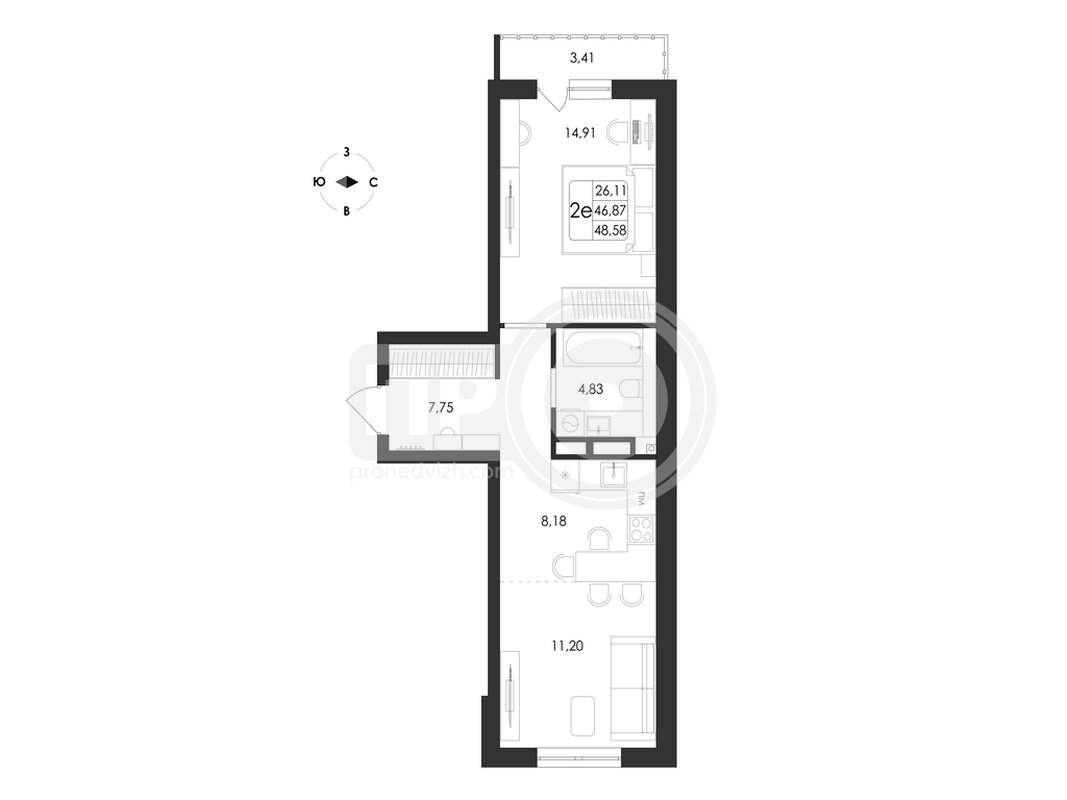 2-комнатная квартира, 48.58кв.м