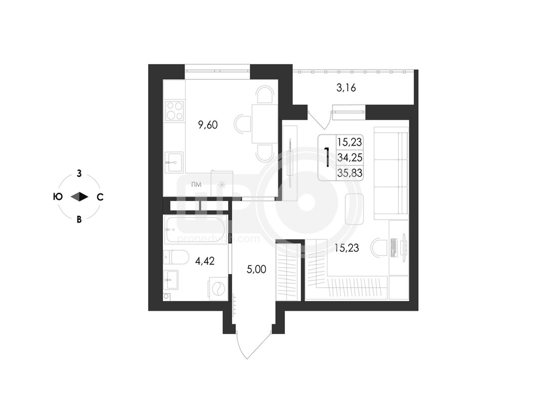 1-комнатная квартира, 35.83кв.м