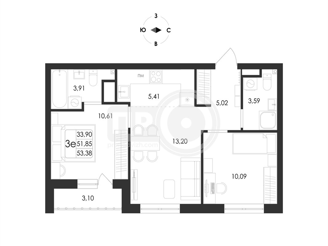 3-комнатная квартира, 53.38кв.м