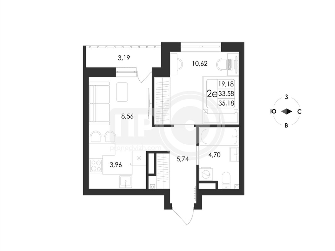 2-комнатная квартира, 35.18кв.м