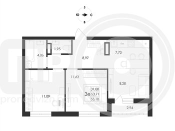 Миниатюра 3-комнатная квартира, 55.18кв.м