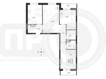 Миниатюра 3-комнатная квартира, 79.73кв.м