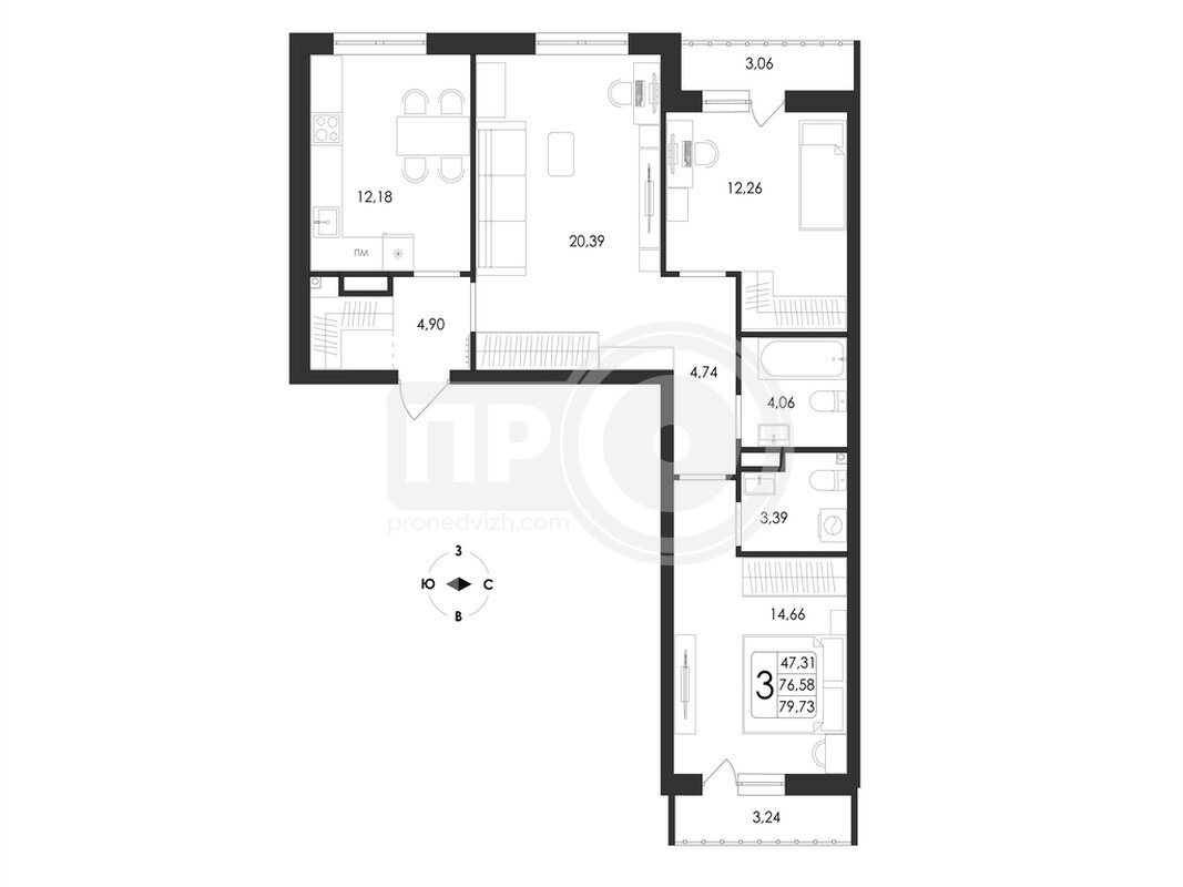 3-комнатная квартира, 79.73кв.м