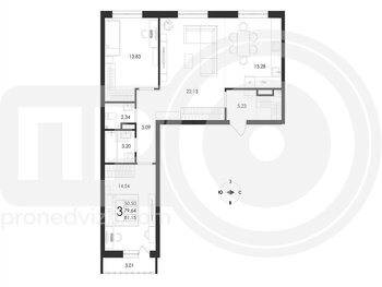 Миниатюра 3-комнатная квартира, 81.15кв.м