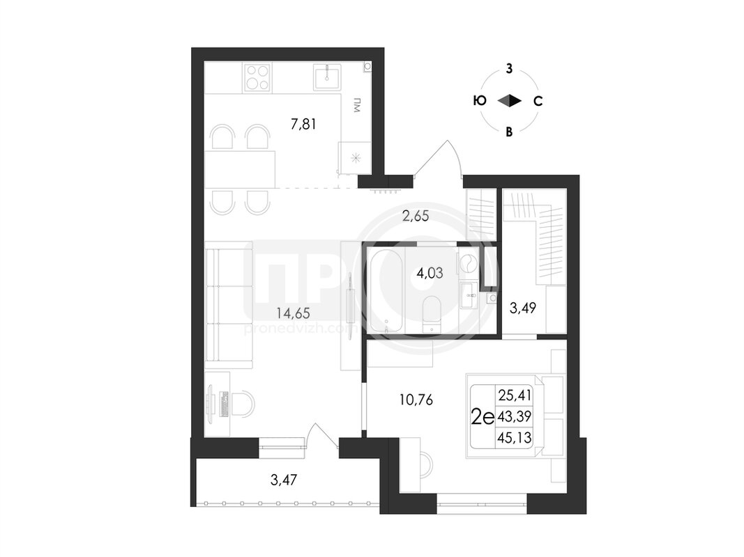 2-комнатная квартира, 45.13кв.м