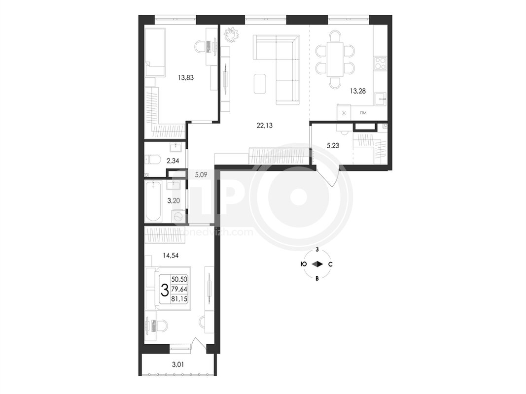 3-комнатная квартира, 81.15кв.м