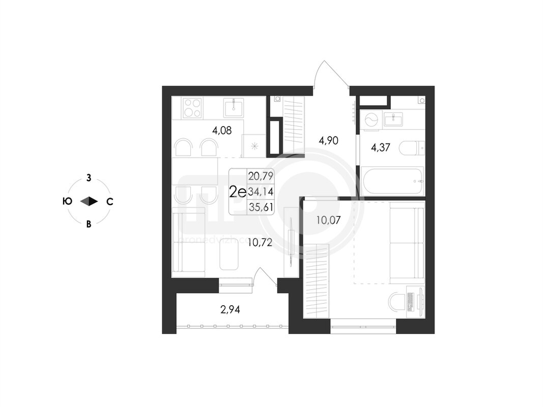 2-комнатная квартира, 35.61кв.м