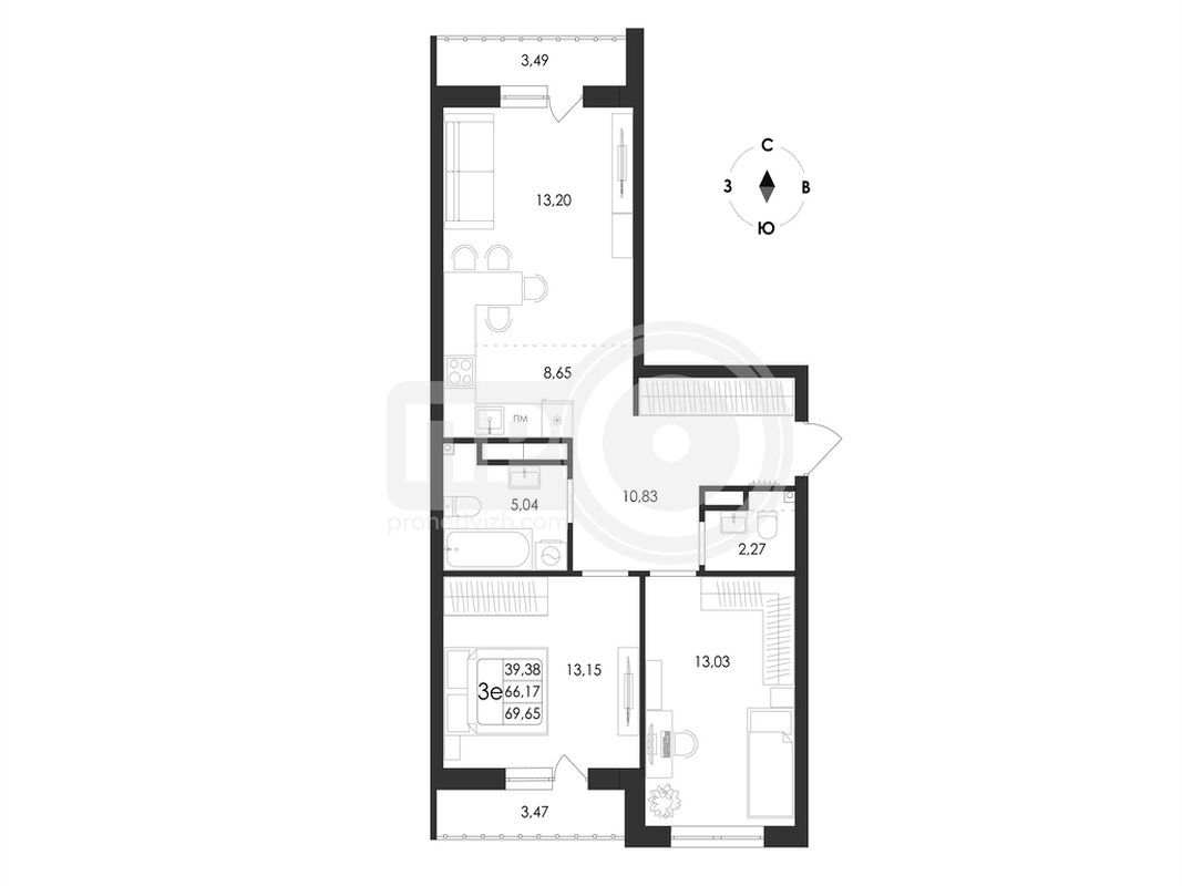 3-комнатная квартира, 69.65кв.м