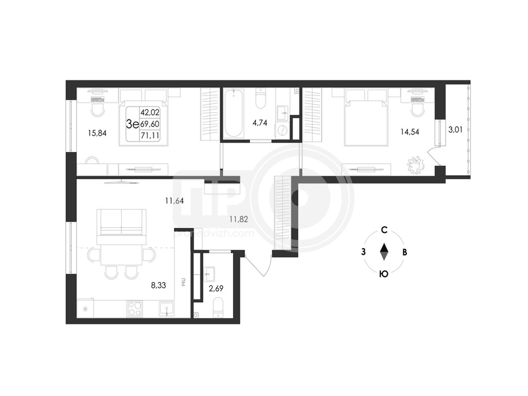 3-комнатная квартира, 71.11кв.м