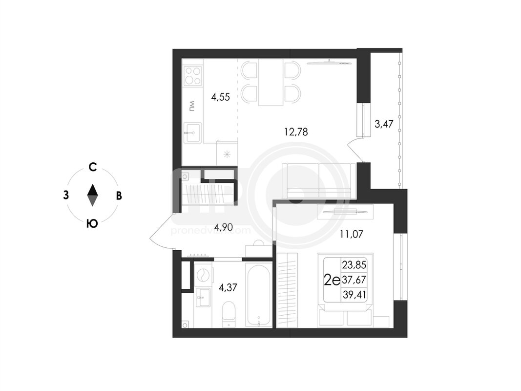2-комнатная квартира, 39.41кв.м