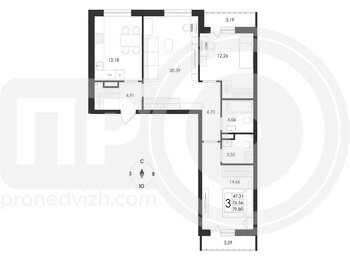 Миниатюра 3-комнатная квартира, 79.8кв.м