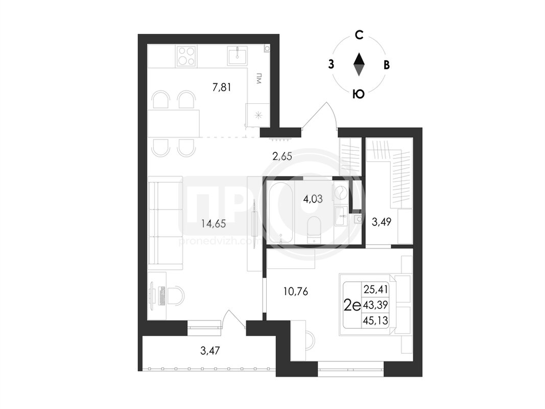 2-комнатная квартира, 45.13кв.м