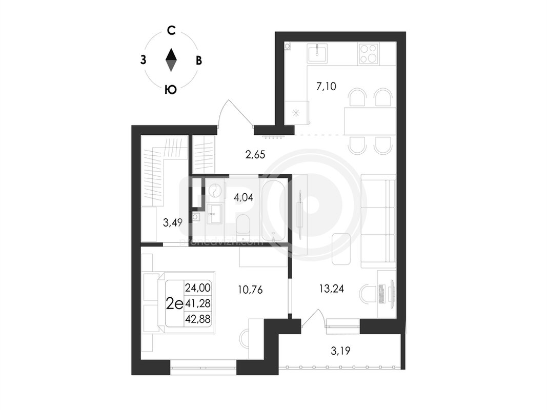 2-комнатная квартира, 42.88кв.м