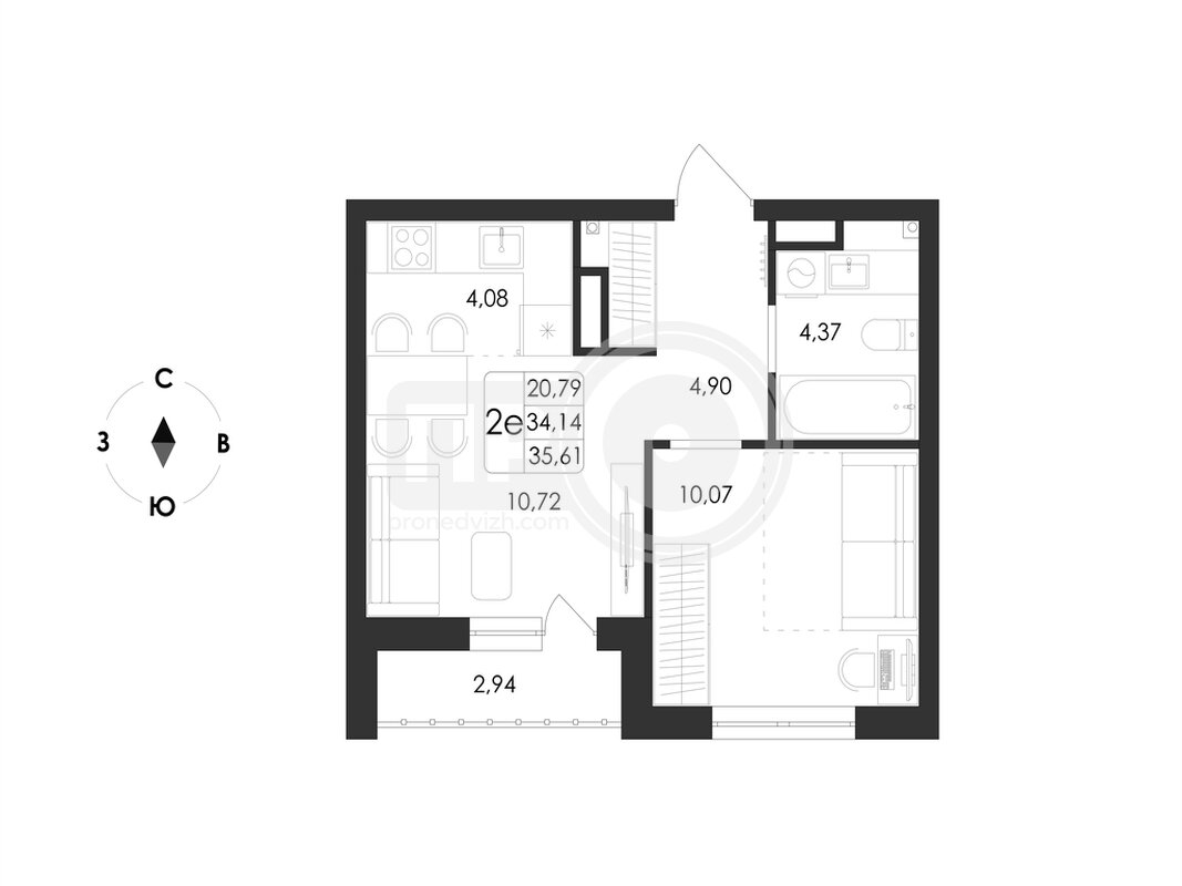 2-комнатная квартира, 35.61кв.м