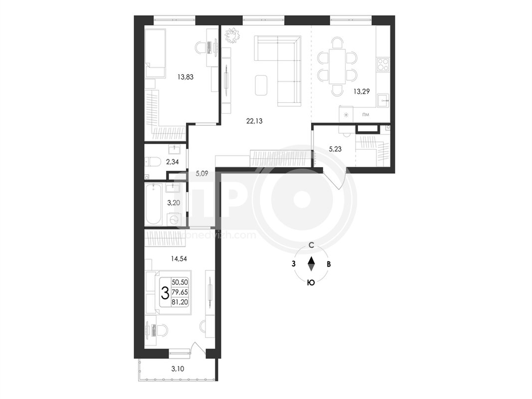 3-комнатная квартира, 81.2кв.м