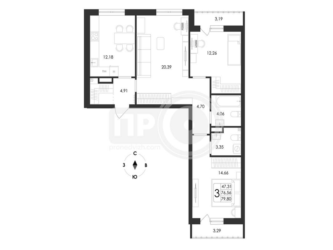 3-комнатная квартира, 79.8кв.м