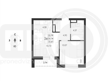Миниатюра 2-комнатная квартира, 35.61кв.м