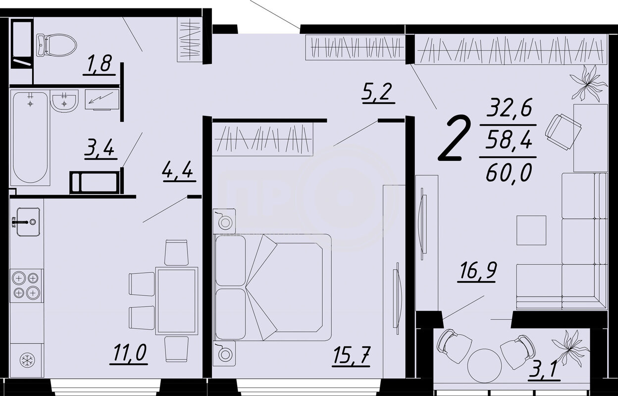 2-комнатная квартира, 60кв.м