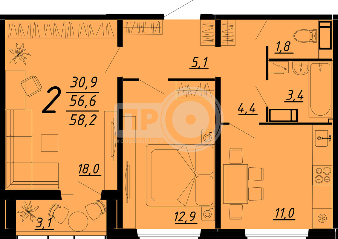 2-комнатная квартира, 58.2кв.м