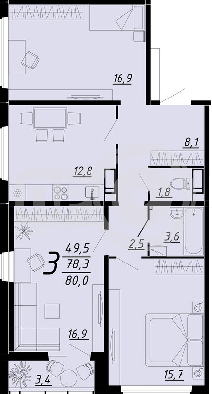 3-комнатная квартира, 80кв.м