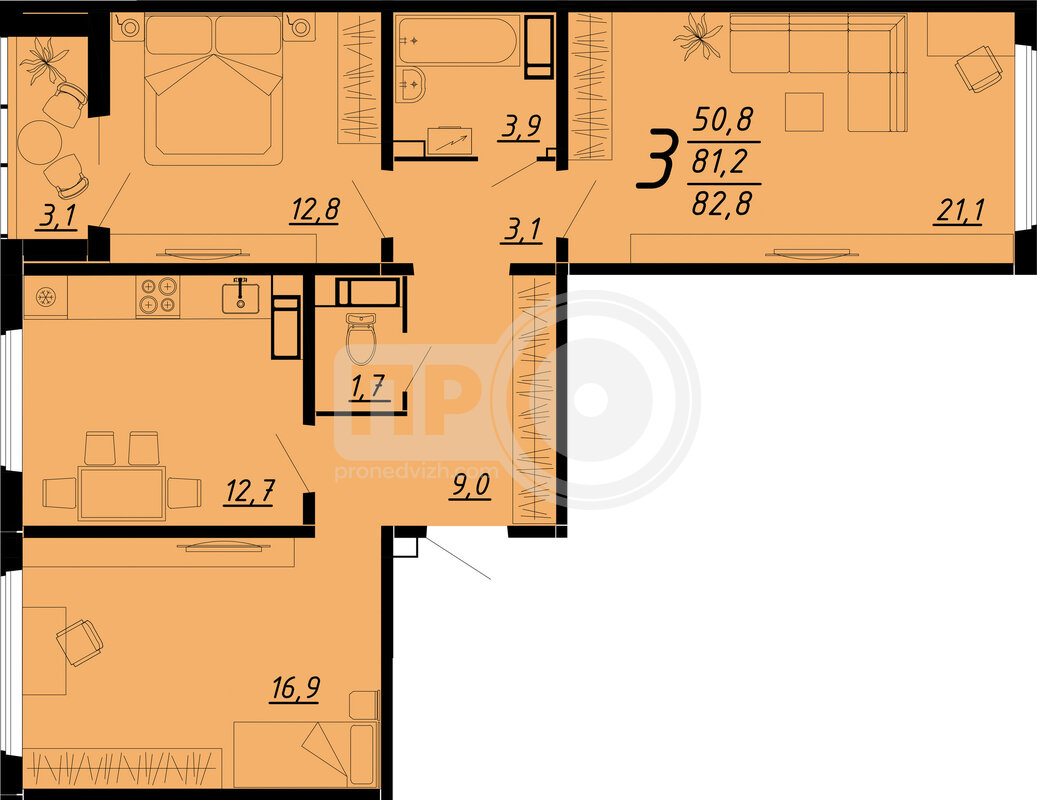3-комнатная квартира, 82.8кв.м