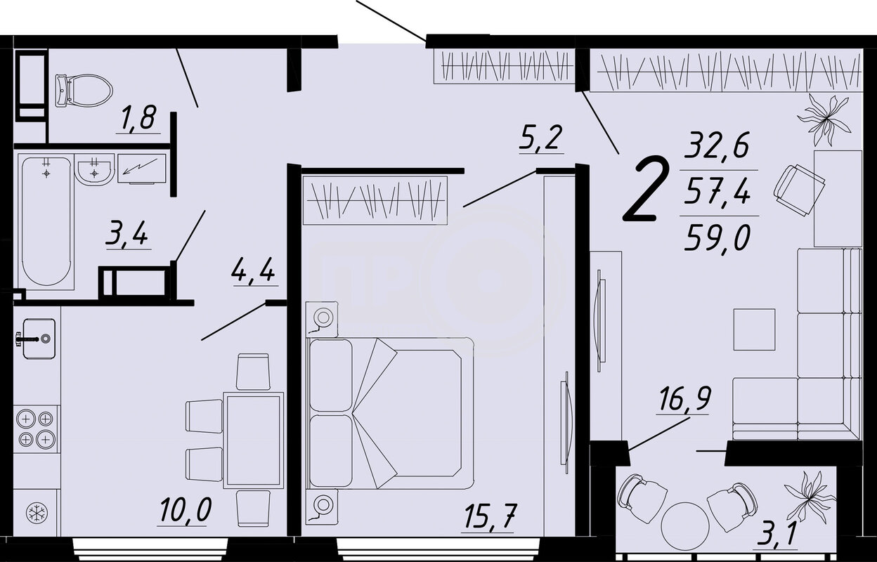 2-комнатная квартира, 59кв.м