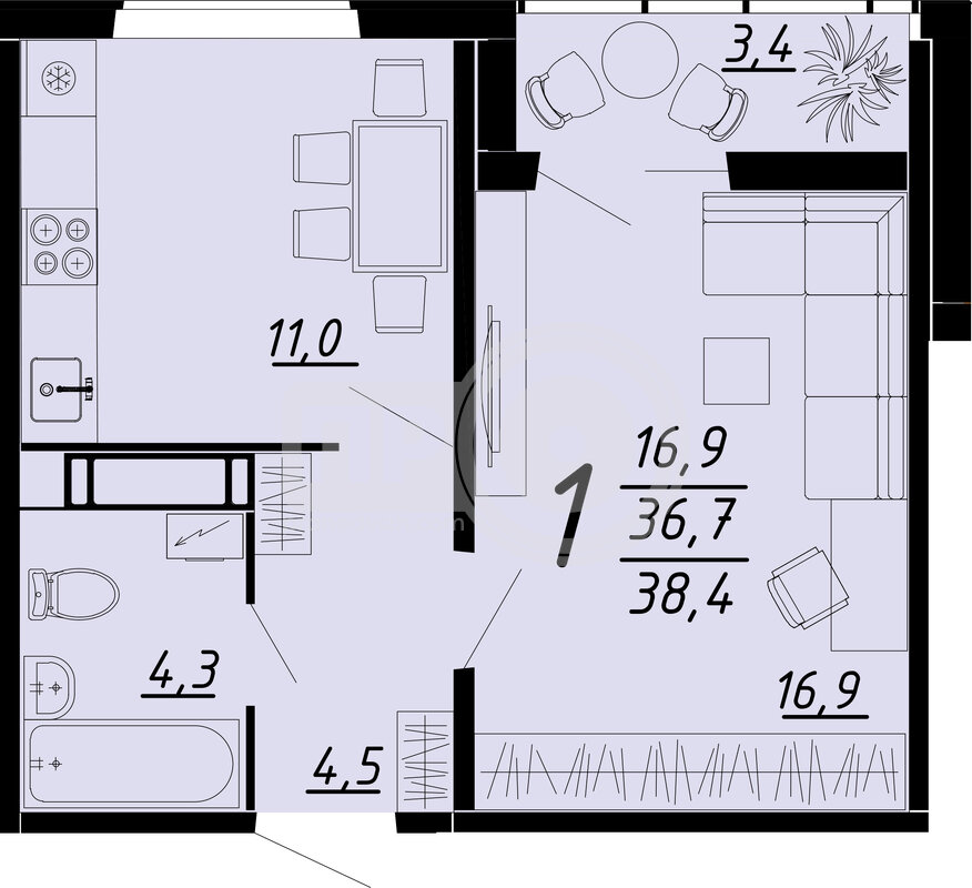 1-комнатная квартира, 38.4кв.м
