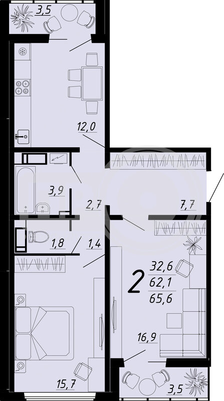 2-комнатная квартира, 65.6кв.м