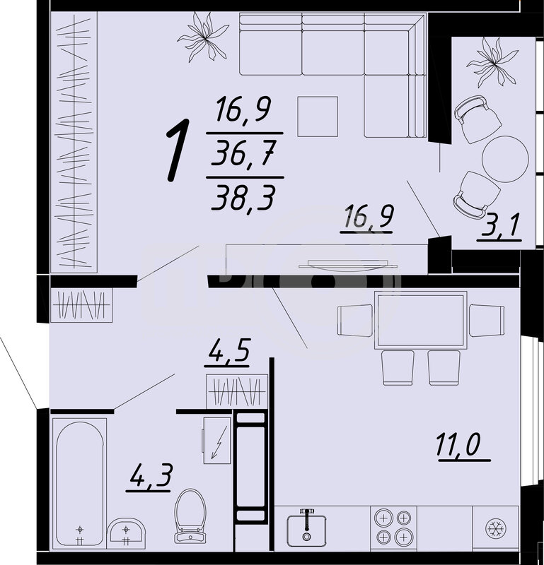 1-комнатная квартира, 38.3кв.м