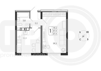 Миниатюра 1-комнатная квартира, 37.4кв.м