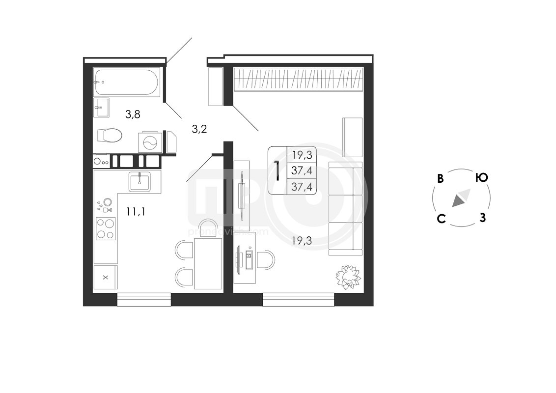 1-комнатная квартира, 37.4кв.м