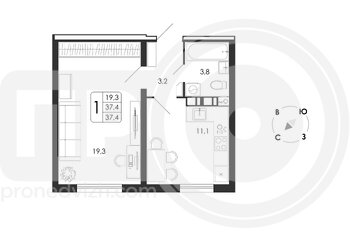 Миниатюра 1-комнатная квартира, 37.4кв.м