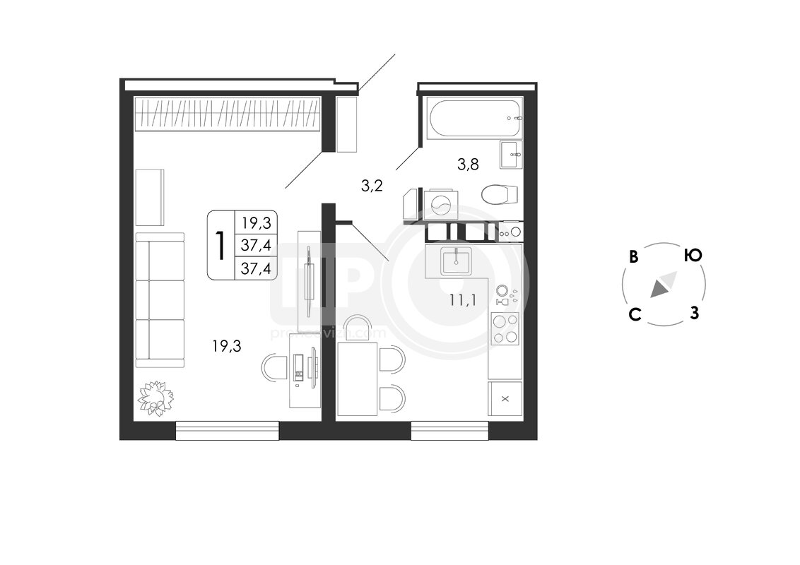 1-комнатная квартира, 37.4кв.м