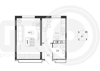 Миниатюра 1-комнатная квартира, 37.4кв.м