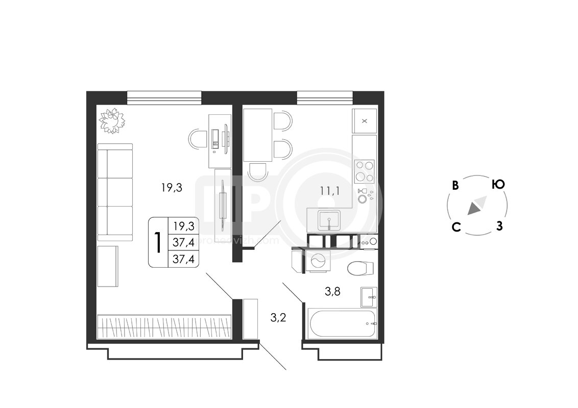 1-комнатная квартира, 37.4кв.м