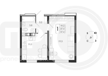 Миниатюра 1-комнатная квартира, 37.4кв.м