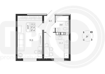 Миниатюра 1-комнатная квартира, 37.4кв.м