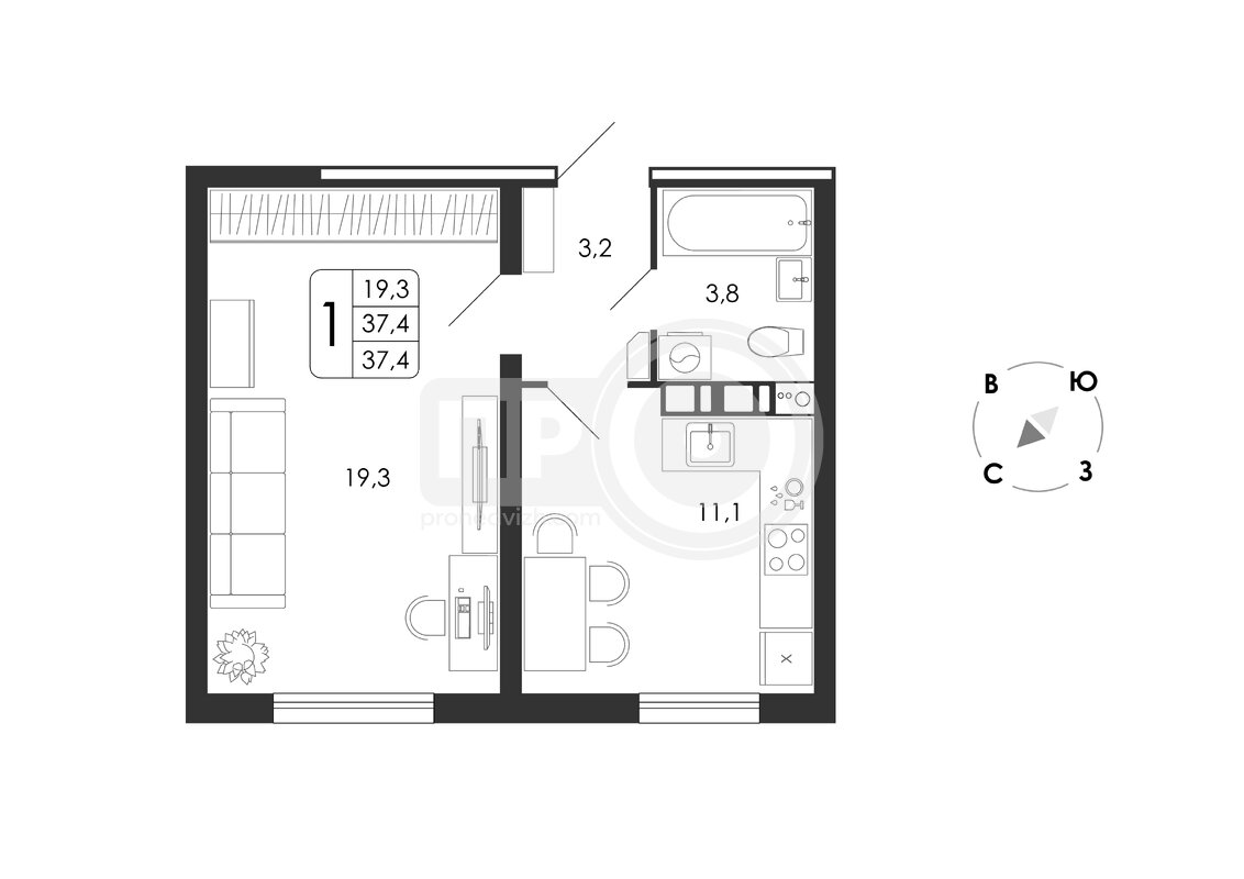 1-комнатная квартира, 37.4кв.м