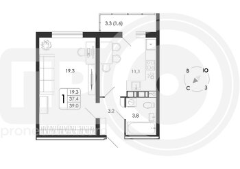 Миниатюра 1-комнатная квартира, 39кв.м