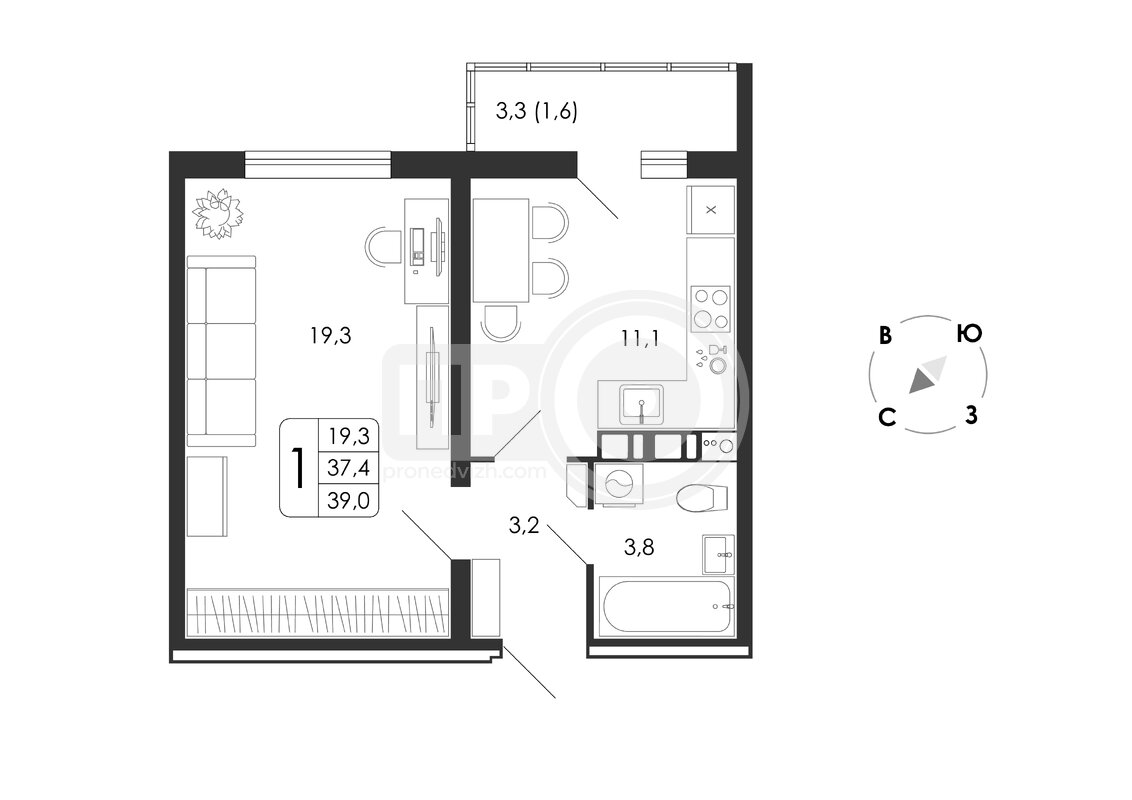1-комнатная квартира, 39кв.м