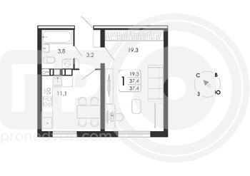 Миниатюра 1-комнатная квартира, 37.4кв.м