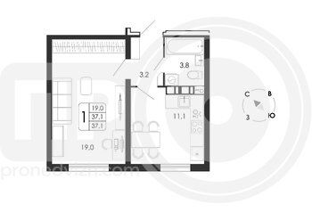 Миниатюра 1-комнатная квартира, 37.1кв.м