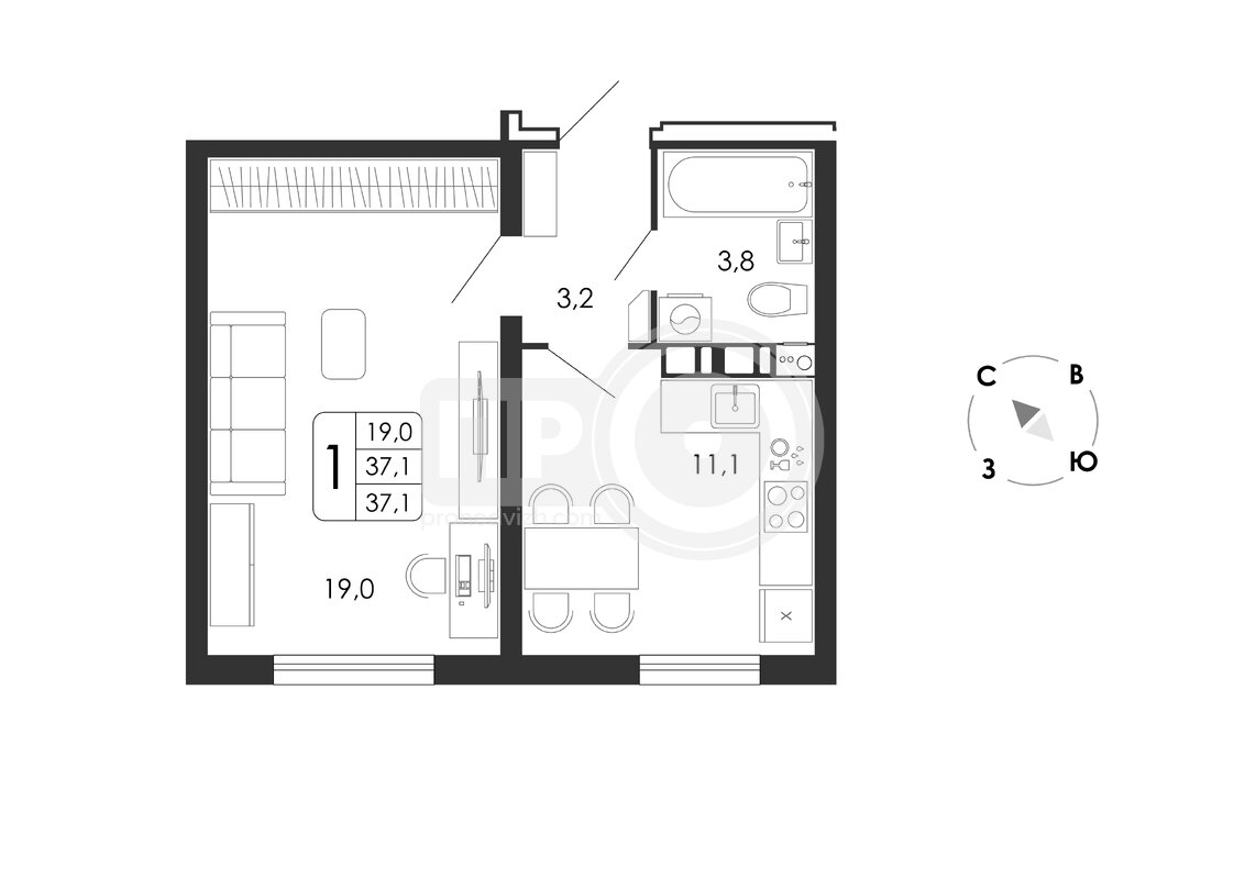 1-комнатная квартира, 37.1кв.м