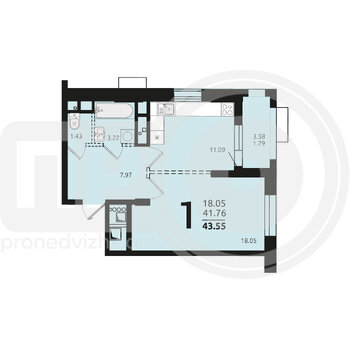 Миниатюра 1-комнатная квартира, 43.55кв.м