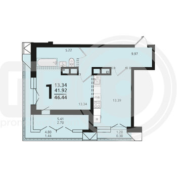 Миниатюра 1-комнатная квартира, 46.44кв.м