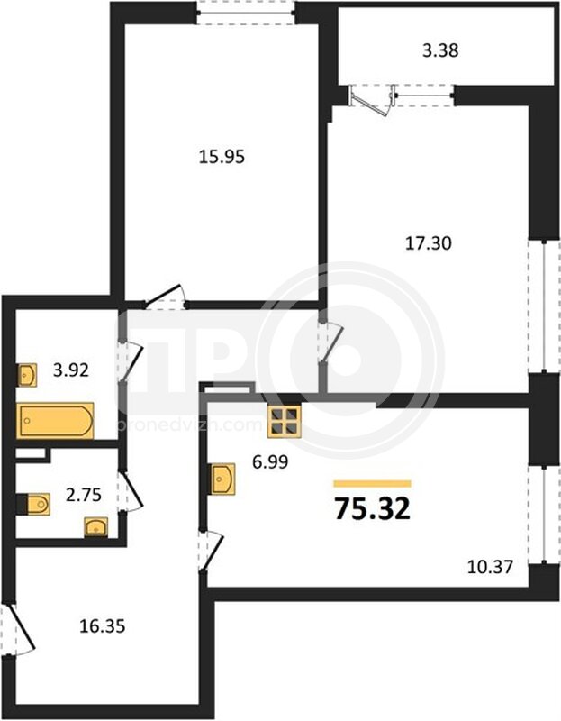 2-комнатная квартира, 75.32кв.м
