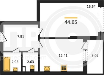 Миниатюра 1-комнатная квартира, 44.05кв.м