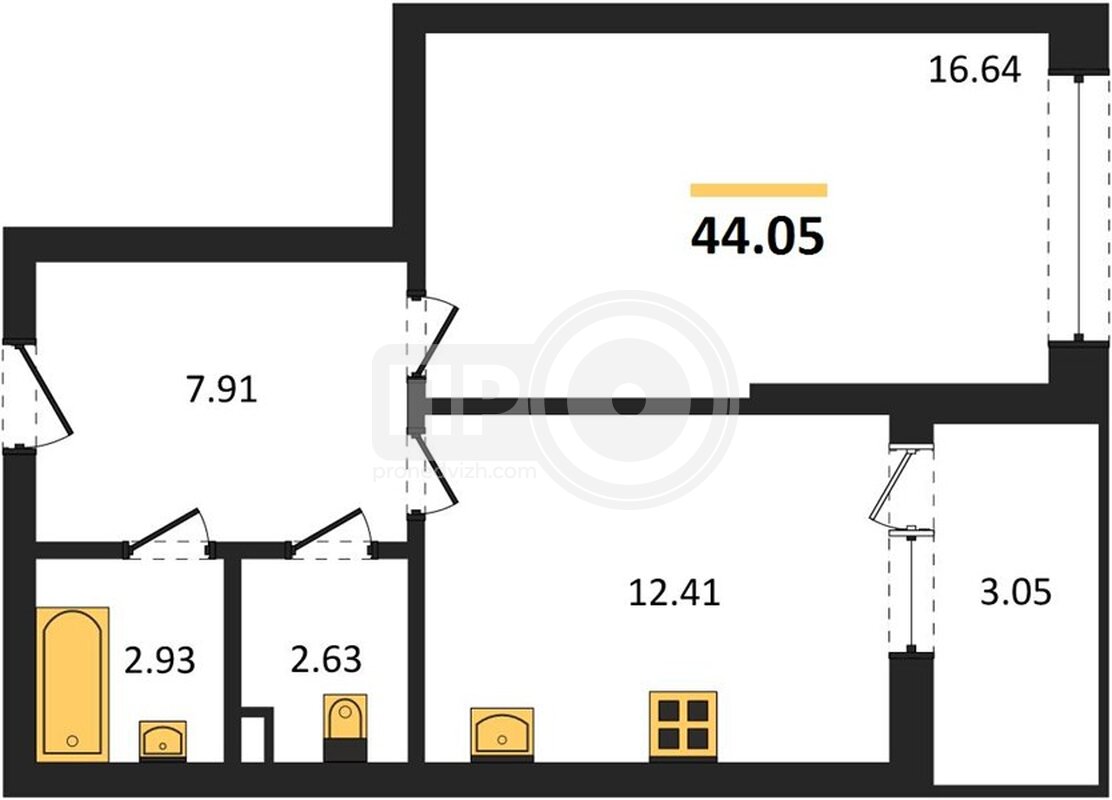 1-комнатная квартира, 44.05кв.м