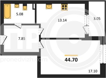 Миниатюра 1-комнатная квартира, 44.7кв.м