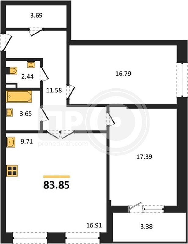 2-комнатная квартира, 83.85кв.м